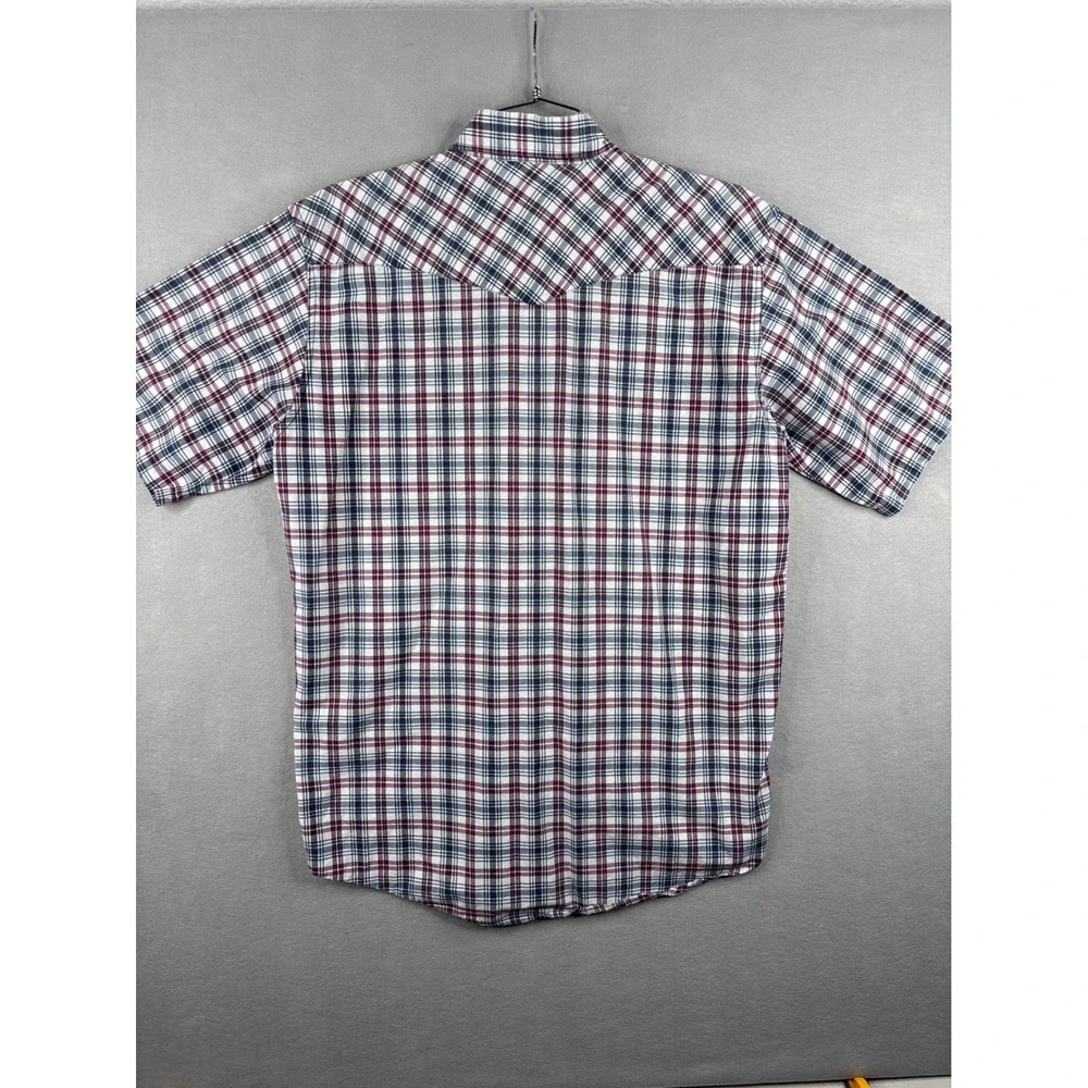 Williams Bay Mens Western Pearl Snap Shirt Plaid Short Sleeve Navy Red White L